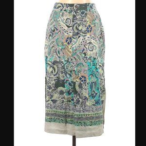 Silk Linen Citron Santa Monica Collection Midi Floral Bird Asian Skirt M
